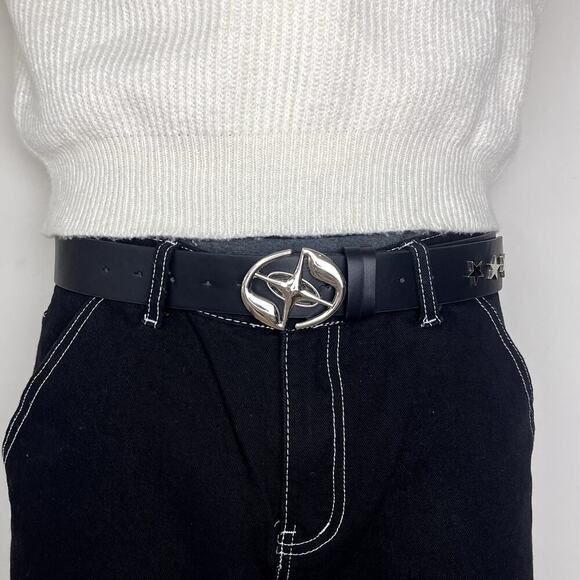 y2k 2000s chrome star futuristic cross emblem black and sliver grunge emo belt - Picture 1 of 5
